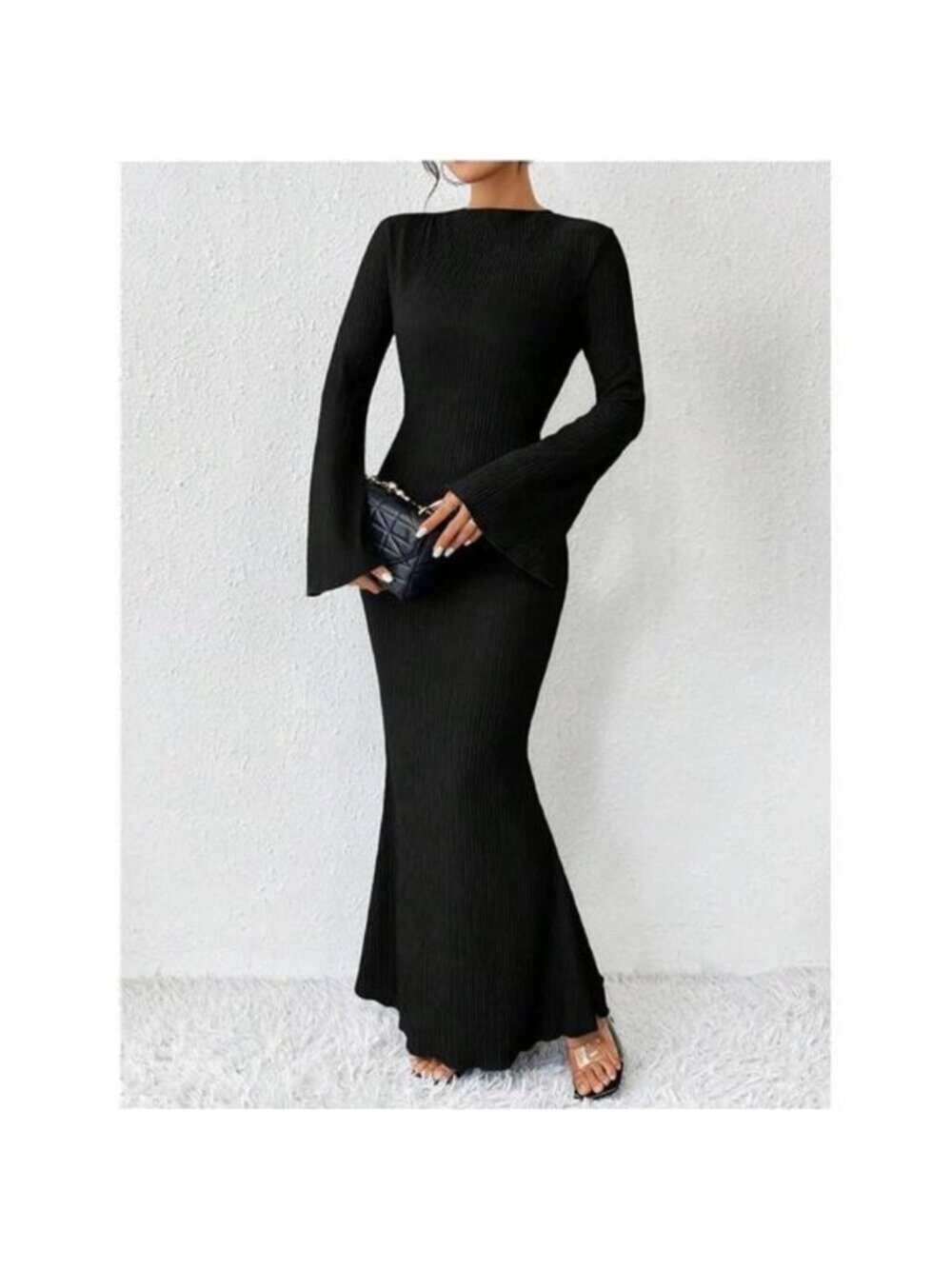 Women's Bell Long Sleeve Maxi Dress Crew Neck Bodycon Fishtail Long Dress - Picture 5 of 6